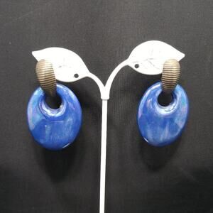 Distressed Vintage Blue Iridescent Drop Post Earrings, 2 1/4"